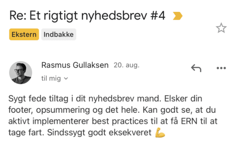 Læsersvar på Et Rigtigt Nyhedsbrev #4: Sygt fede tiltag i dit nyhedsbrev mand. Elsker din footer, opsummering og det hele. Kan godt se, at du aktivt implementerer best practices til at få ERN til at tage fart. Sindssygt godt eksekveret