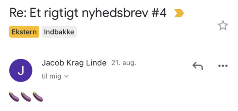 Svar fra Simons bror på Et Rigtigt Nyhedsbrev #4: tre aubergine-emojis